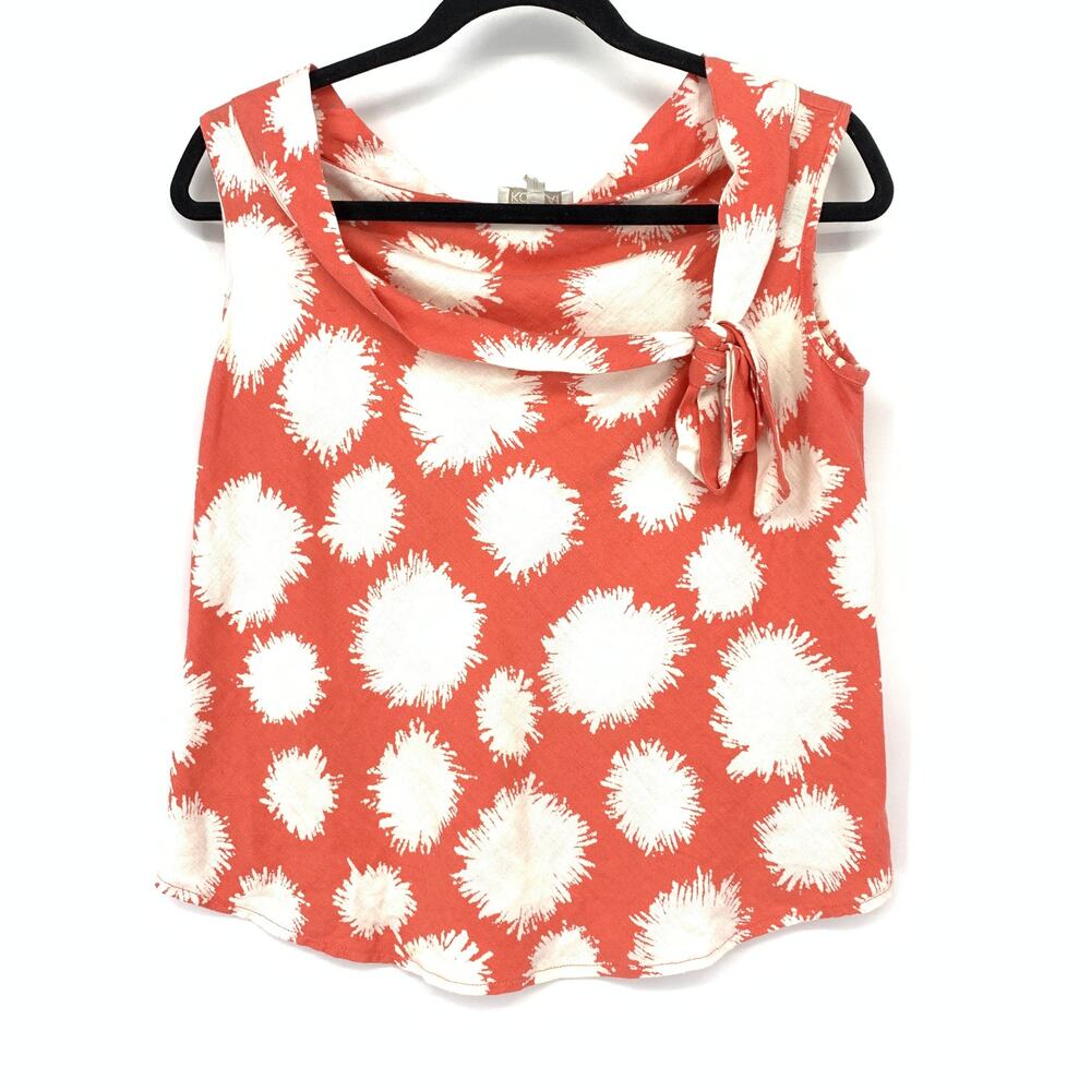 Kookai Sleeveless Tie Neck Blouse Womens Sz 38 US M Coral White Starburst Linen